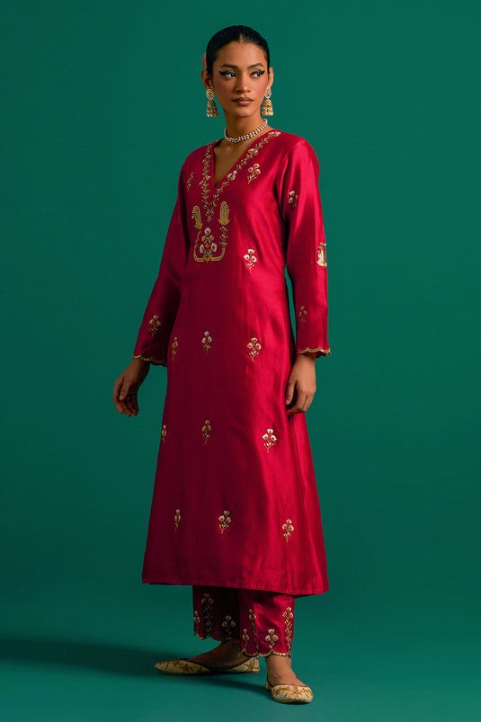 Red V neck hand embroidered silk chanderi kurta set