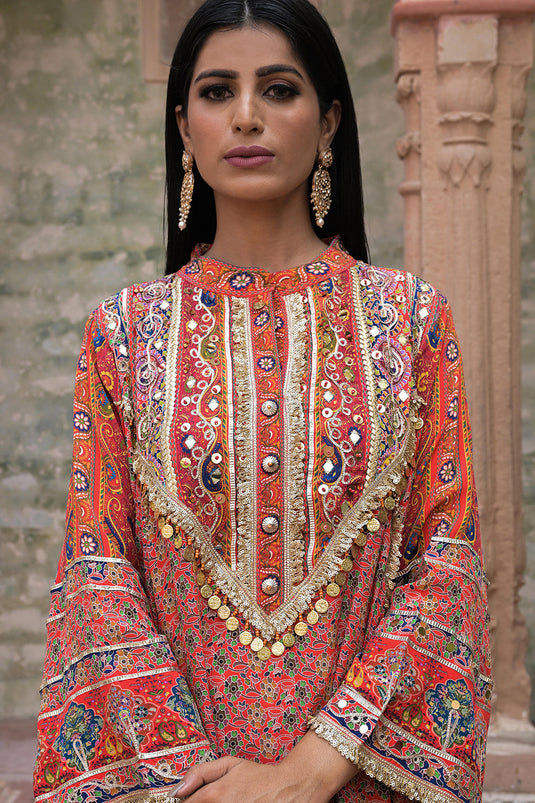 Red Viscose Crepe Suit Set with Tulip Pants – Elegant Ethnic Style