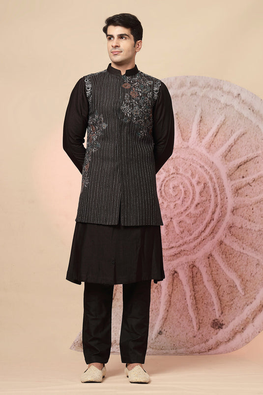 Regal Black Sherwani With Designer Embroidery & Draped Dupatta