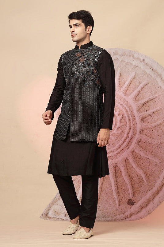 Regal Black Sherwani With Designer Embroidery & Draped Dupatta