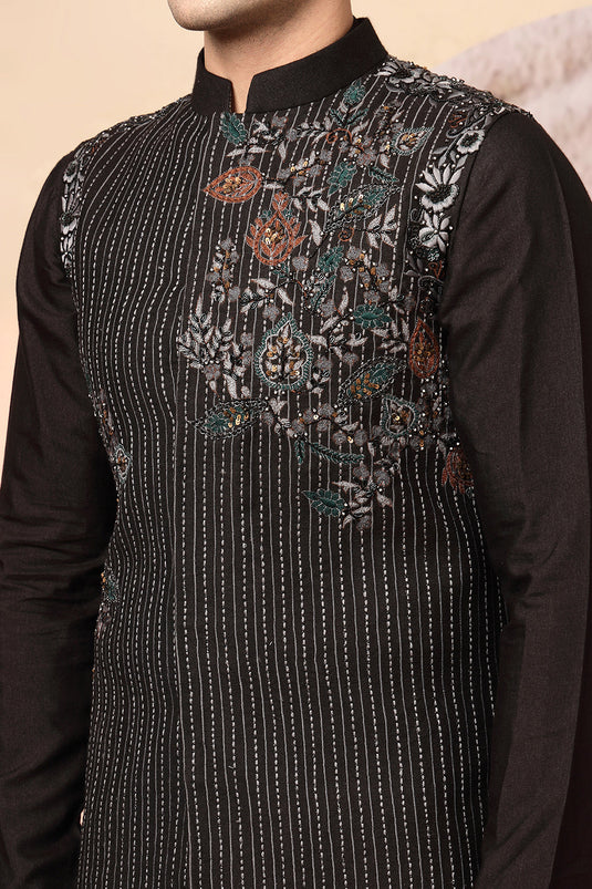 Regal Black Sherwani With Designer Embroidery & Draped Dupatta