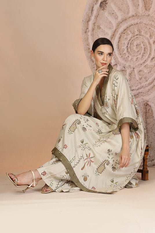 Relaxed Fit Grey Cotton Kaftan Set with Pleated Pants & Metallic Detailing