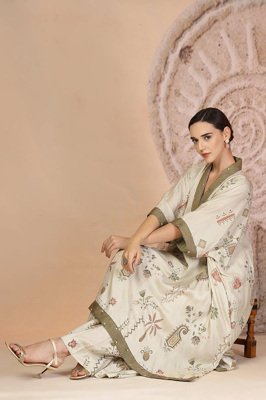 Relaxed Fit Grey Cotton Kaftan Set with Pleated Pants & Metallic Detailing