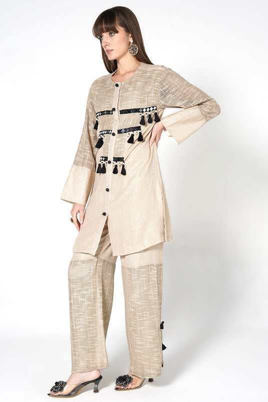 Resha Jute Fabric Statement Designer Co-Ord Set Tassel Detail Outfit