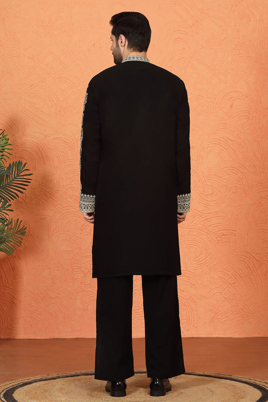 Royal Black Kashmiri Embroidered Kurta with Loose Fit Parallel Matching Pants