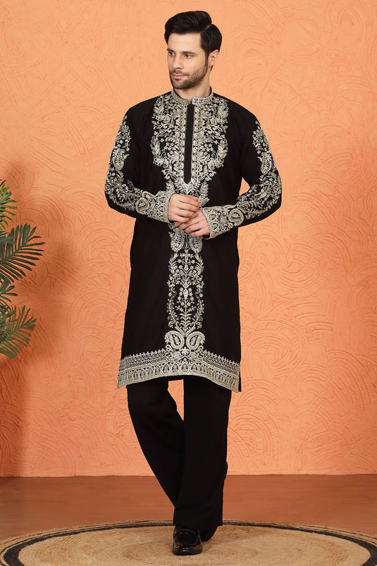 Royal Black Kashmiri Embroidered Kurta with Loose Fit Parallel Matching Pants
