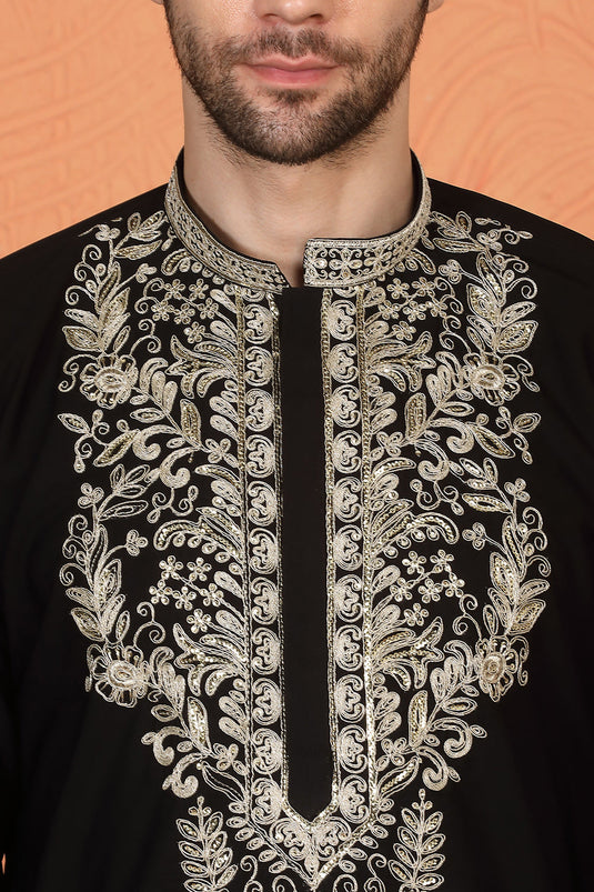 Royal Black Kashmiri Embroidered Kurta with Loose Fit Parallel Matching Pants