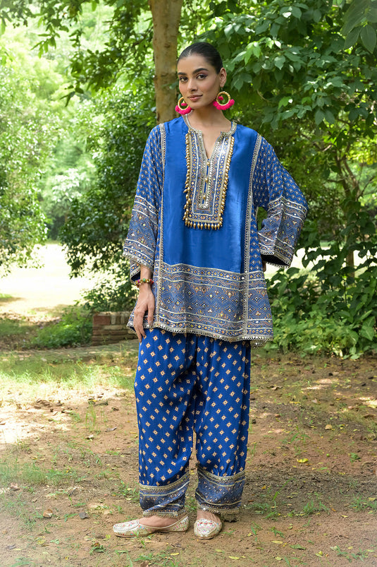 Royal Blue Solid Crepe Short Kurti With Farshi Pant Dupatta