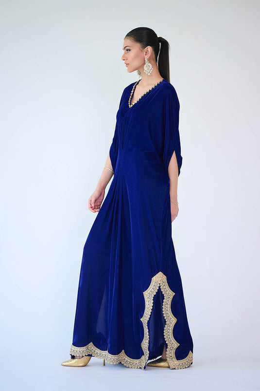 Royal Blue Velvet Embellished Kaftan