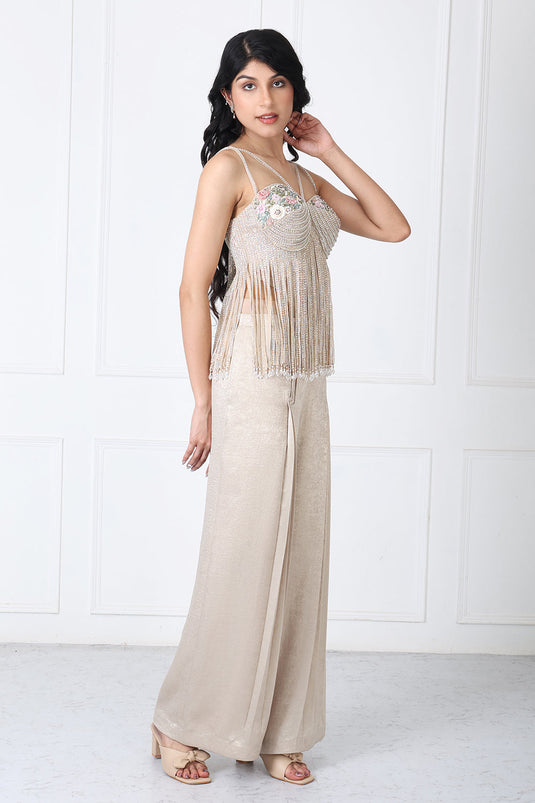 Royal Golden Pants With Floral Bodysuit