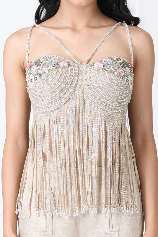 Royal Golden Pants With Floral Bodysuit