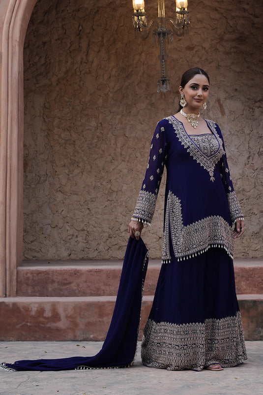 Royal Purple Georgette Beads Embroidered Kurta Palazzo Set