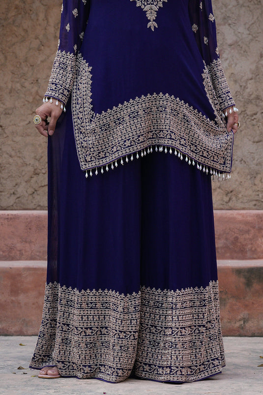 Royal Purple Georgette Beads Embroidered Kurta Palazzo Set