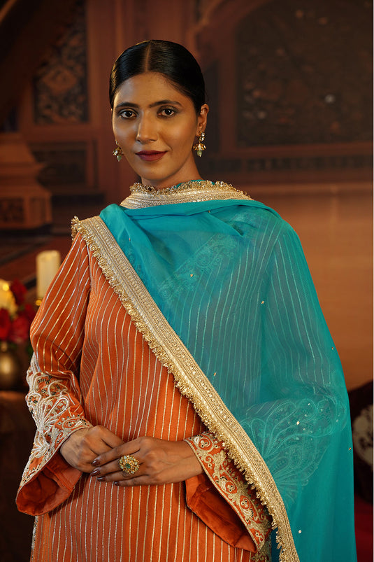 Rust And Teal Silk Kurta Set