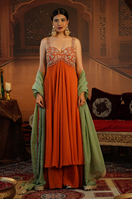 Rust Georgette Anarkali Paired With Stylish Flared Pants