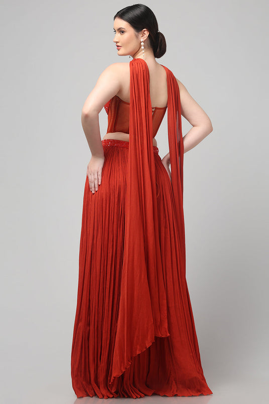 Rust Orange Corset with pleated Skirt & Dupatta