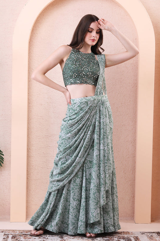 Sage Green Drape Saree With Halter Neck Mirror Blouse