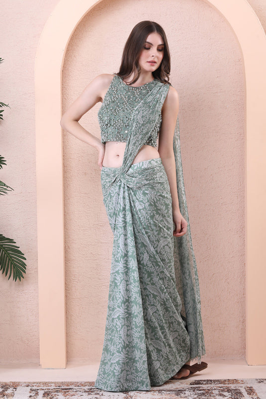 Sage Green Drape Saree With Tessal Blouse