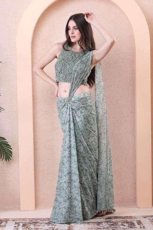 Sage Green Drape Saree With Tessal Blouse