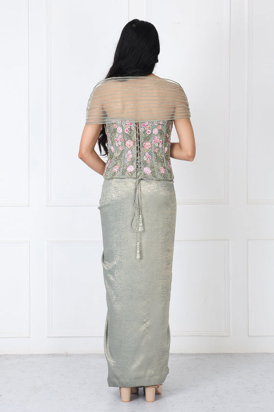 Sage Green Embroidered Corset With Drape Skirt