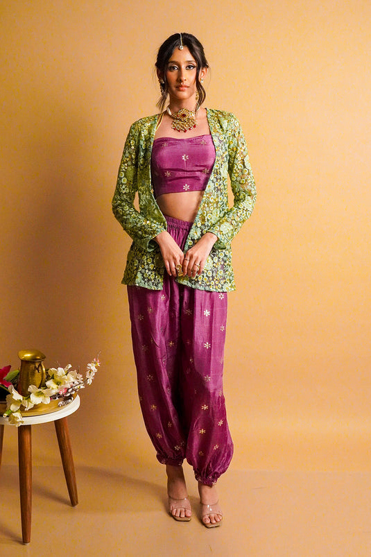 Sage Green Jacket with Iris Balloon Pants Set