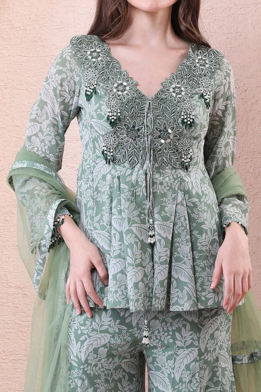 Sage Green Printed Anarkali Set