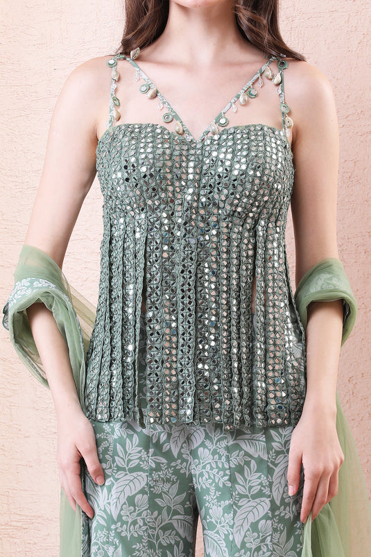 Sage Green Printed Sharara With Mirror Bodysuit