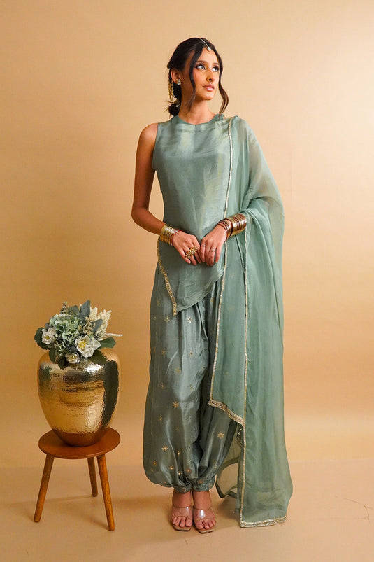 Sage Green Tissue Kurta with Balloon Pants Set