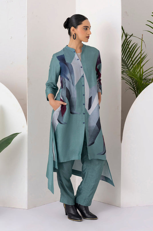 Sage Green Viscose Dupion Printed High-Low Dress