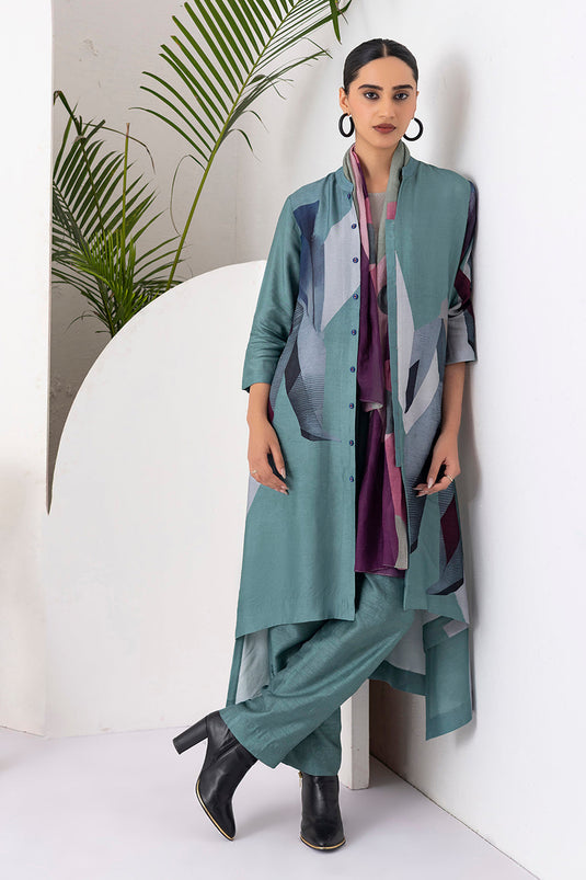 Sage Green Viscose Dupion Printed High-Low Dress
