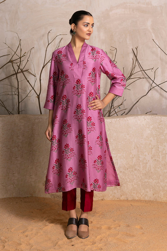 Salmon Pink Silk Chanderi Floral Boota Printed Tunic