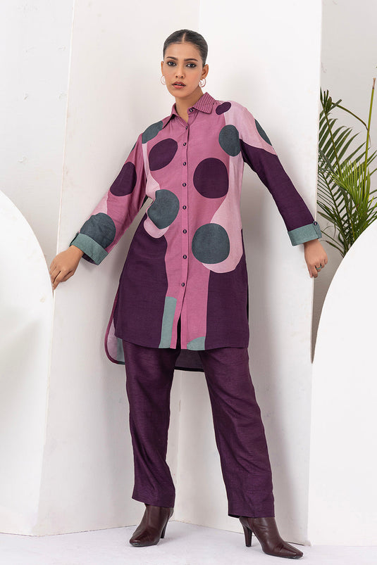Salmon Pink & Wine Viscose Dupion Printed Shirt Style Tunic