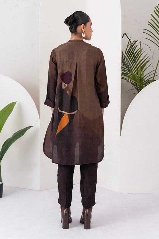 Shades Of Brown Viscose Dupion Printed Shirt Style Tunic