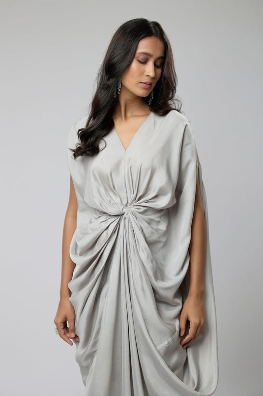 Silver Grey Classic Twisted Drape Gown