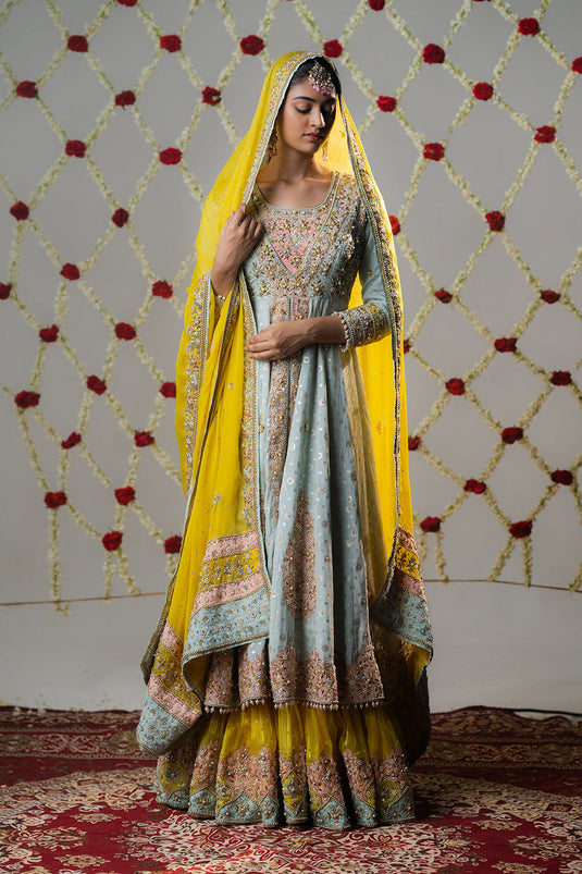 Sky Blue & Yellow Glass Organza Lehenga Set