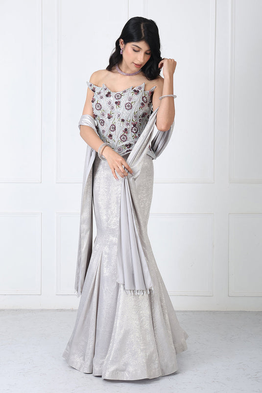 Steel Grey Embroidered Corset With Paneled Skirt And Dupatta