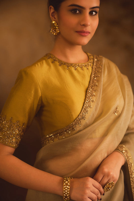 Tajra Grey & Green Organza Saree With Zero-Neck Blouse