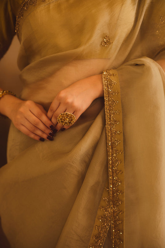 Tajra Grey & Green Organza Saree With Zero-Neck Blouse