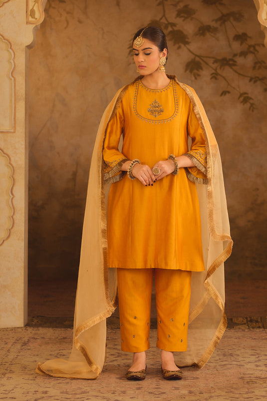 Tajra Mustard Zero-Neck A-Line Kurta Set