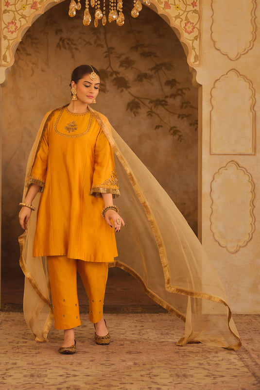 Tajra Mustard Zero-Neck A-Line Kurta Set