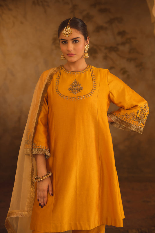 Tajra Mustard Zero-Neck A-Line Kurta Set