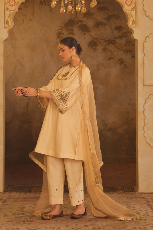 Tajra Mustard Zero-Neck A-Line Kurta Set