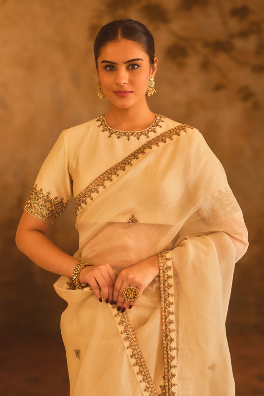 Tajra Off-White Organza Saree With Zero-Neck Blouse