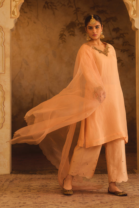 Tajra Peach V-Neck Organza A-Line Kurta Set