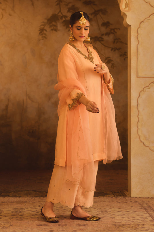 Tajra Peach V-Neck Organza A-Line Kurta Set