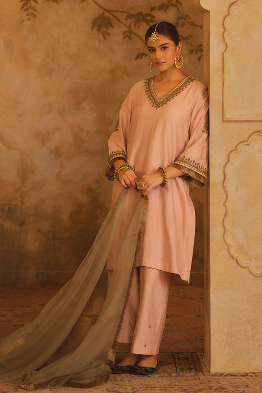 Tajra Pink V-Neck A-Line Kurta Set
