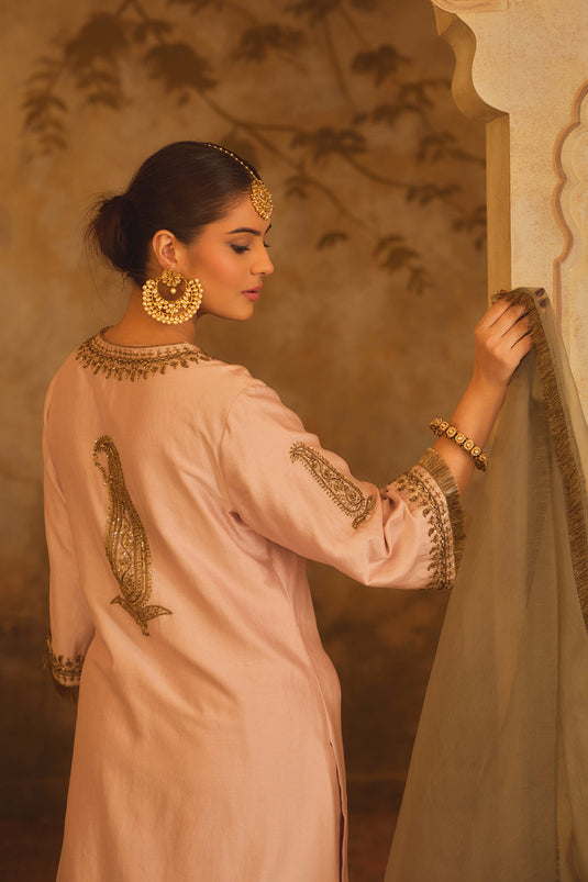 Tajra Pink V-Neck A-Line Kurta Set