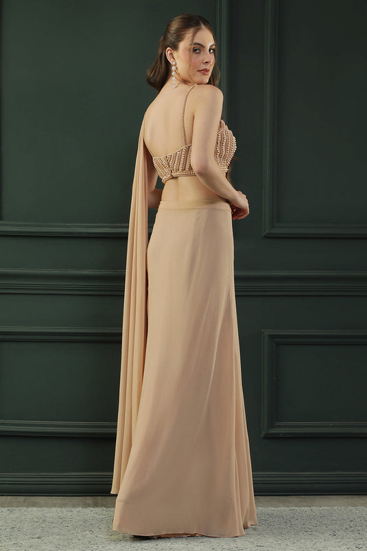 Tan Brown Pearl Pre-Drape Saree
