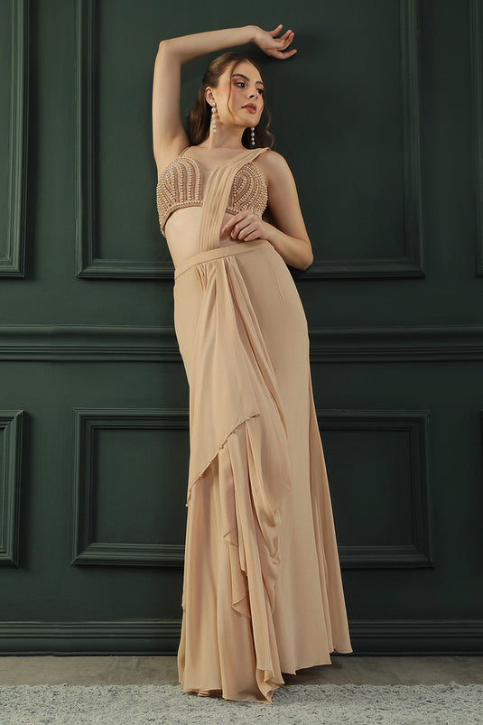 Tan Brown Pearl Pre-Drape Saree