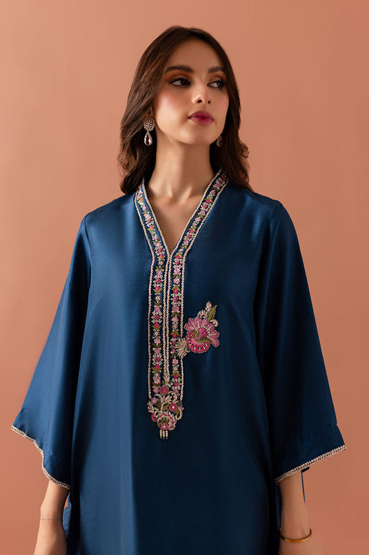 Teal Embroidered Comfort Fit Kurta Set